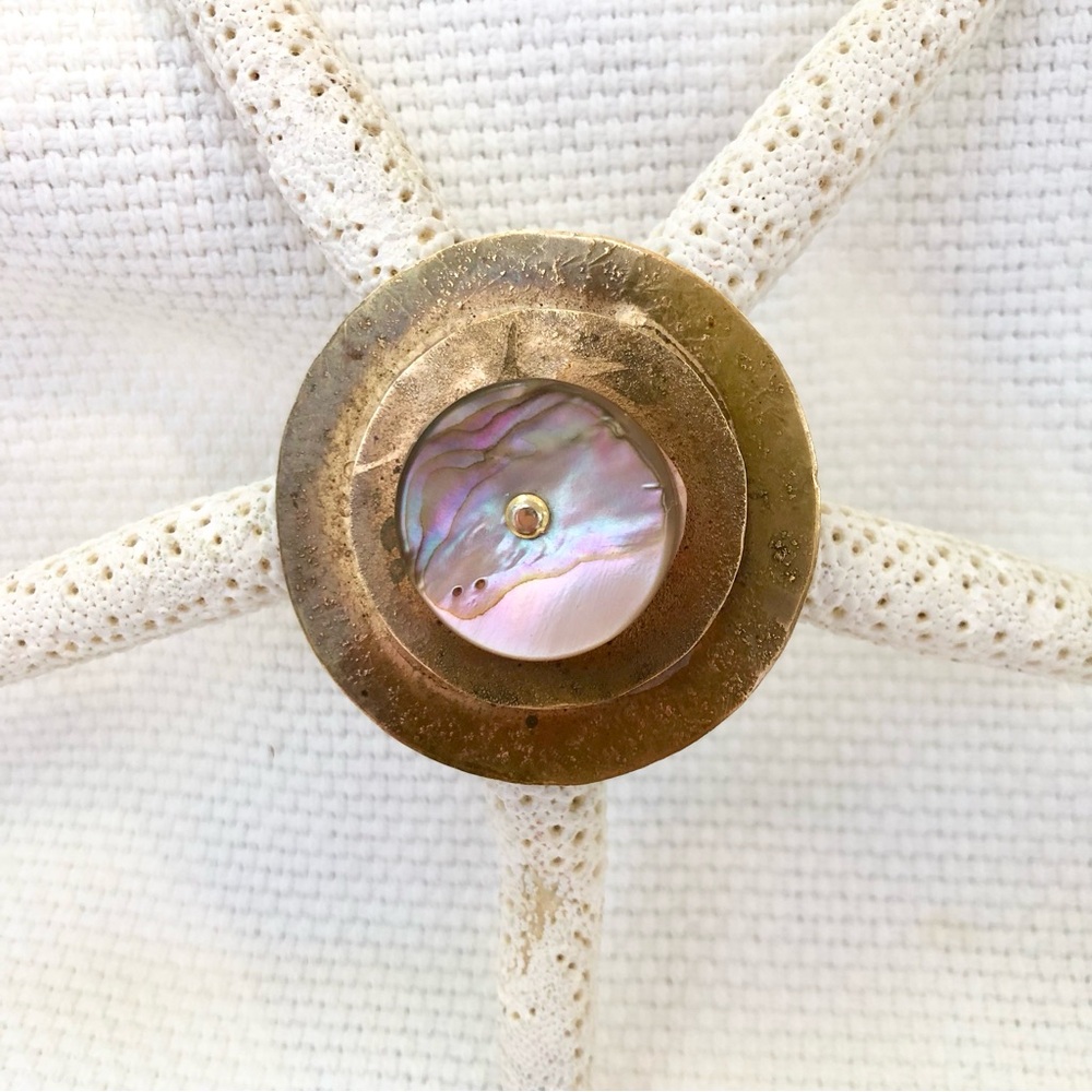 Round Brass Brooch with Iridescent Shell Mother-of-Pearl Abalone Vintage 70's